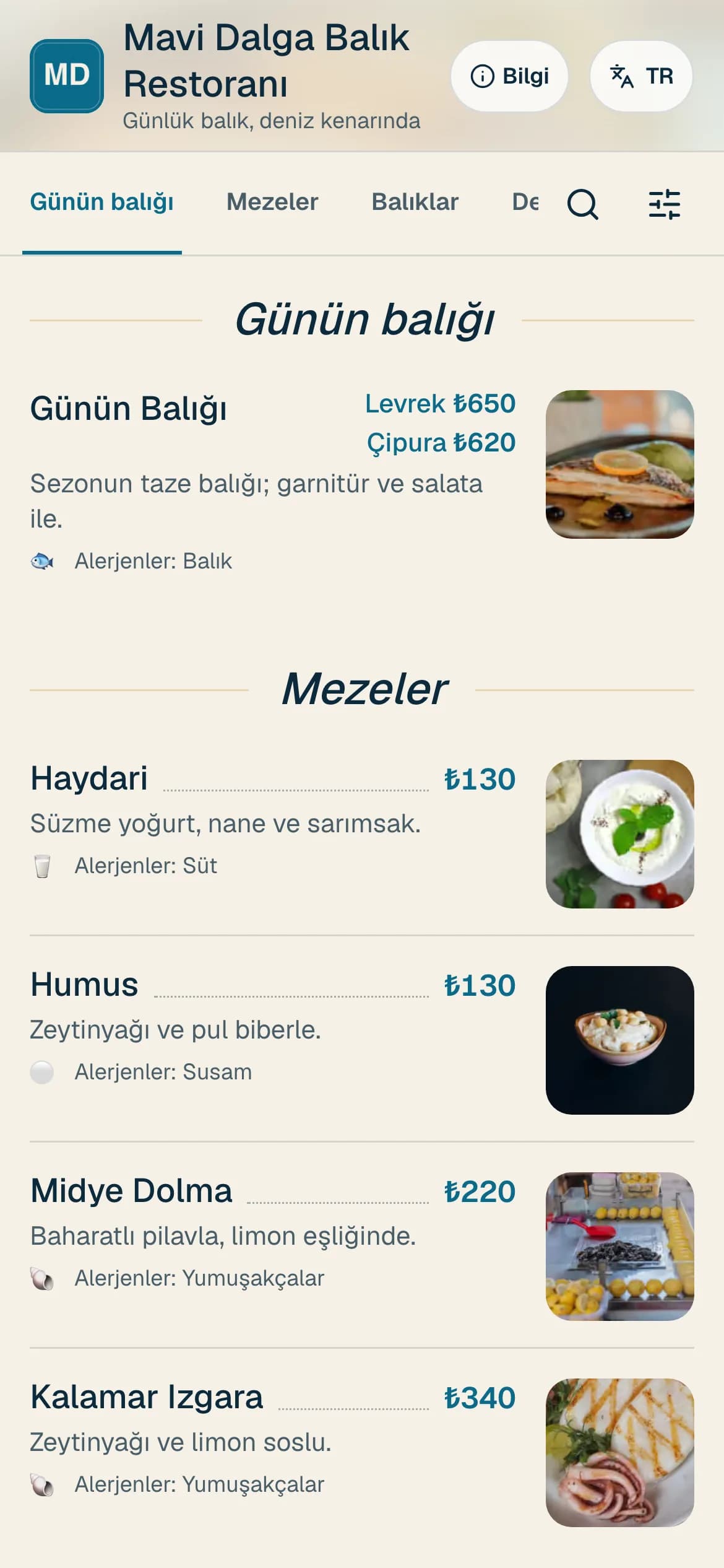 Balık Restoranı temasıyla örnek QR menü ekranı