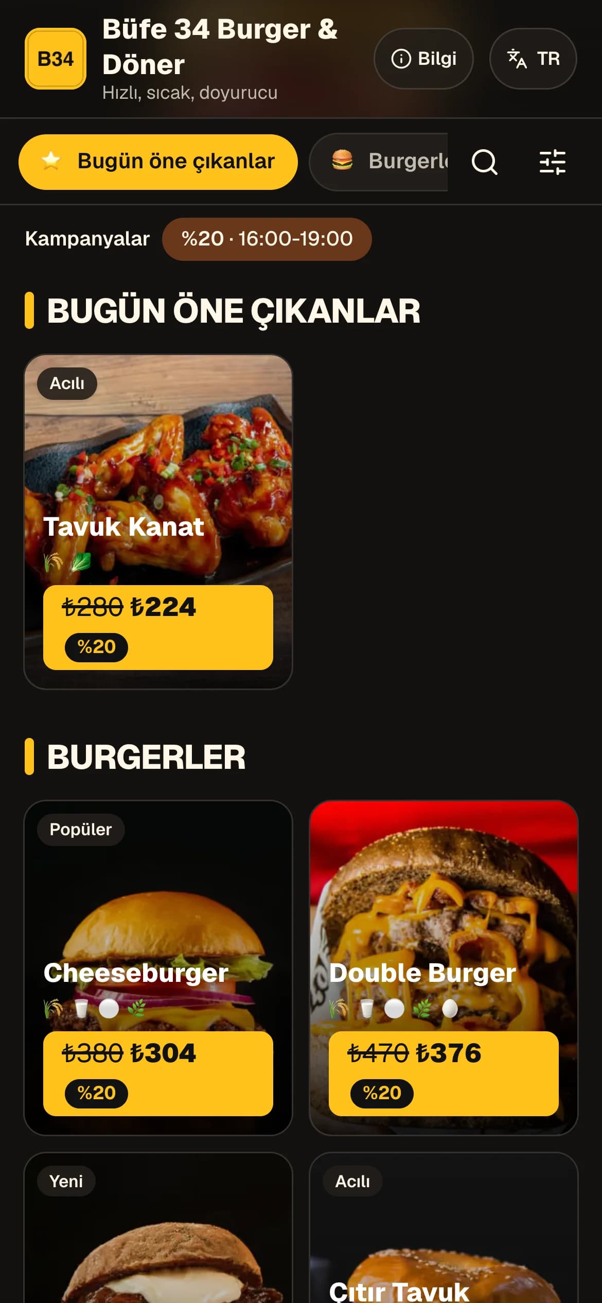 Burger ve Fast Food temasıyla örnek QR menü ekranı