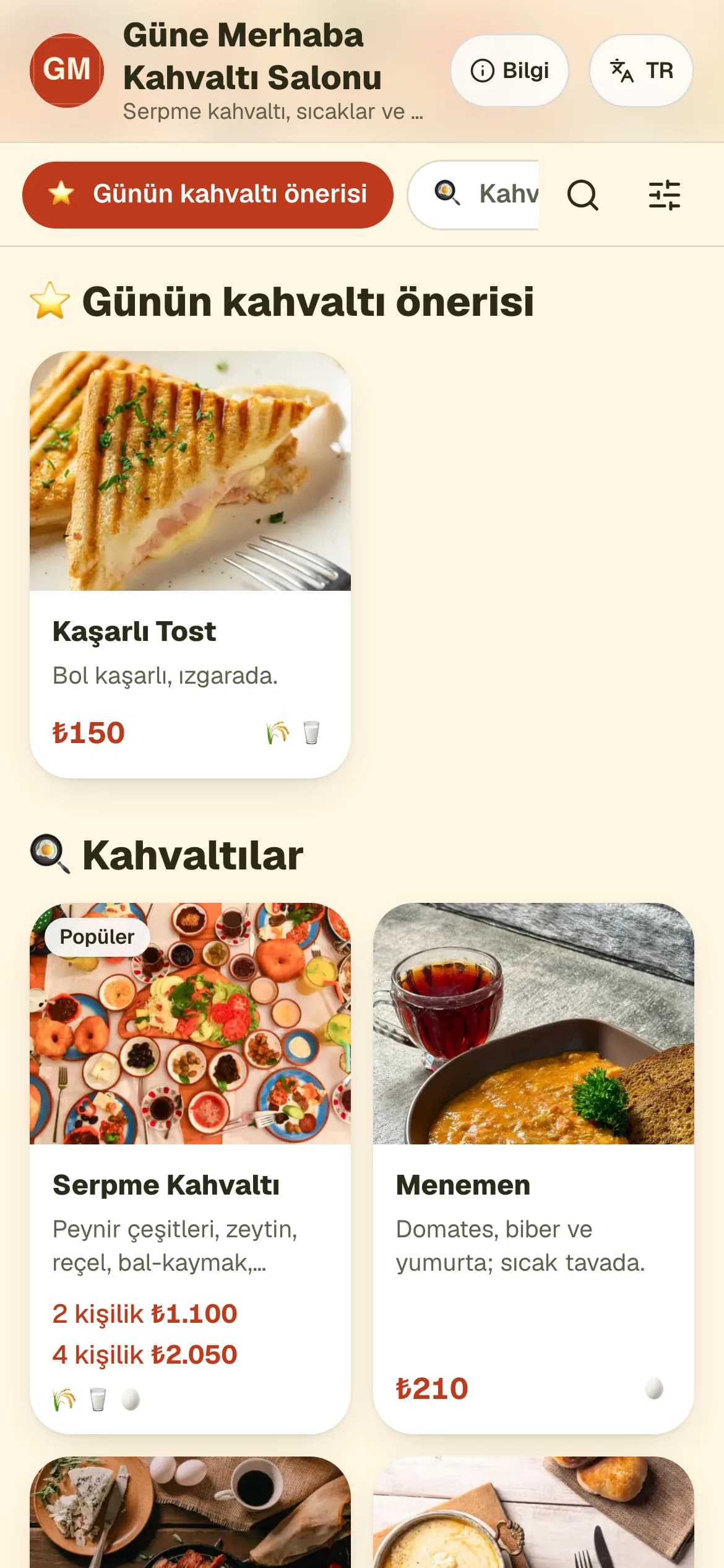 Kahvaltı Salonu temasıyla örnek QR menü ekranı