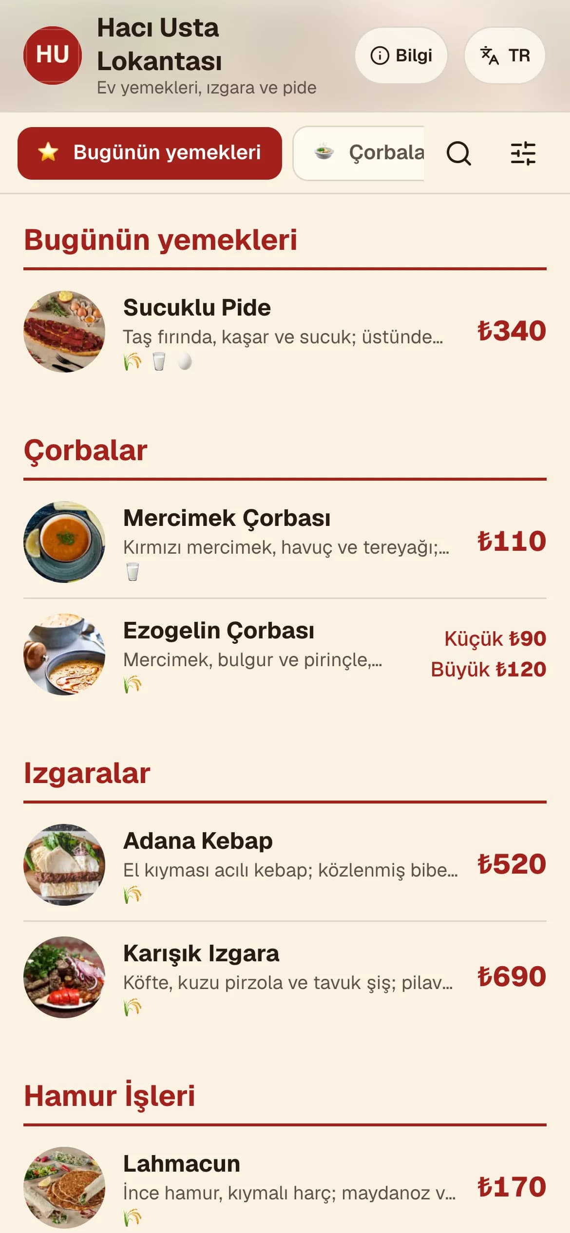 Lokanta temasıyla örnek QR menü ekranı