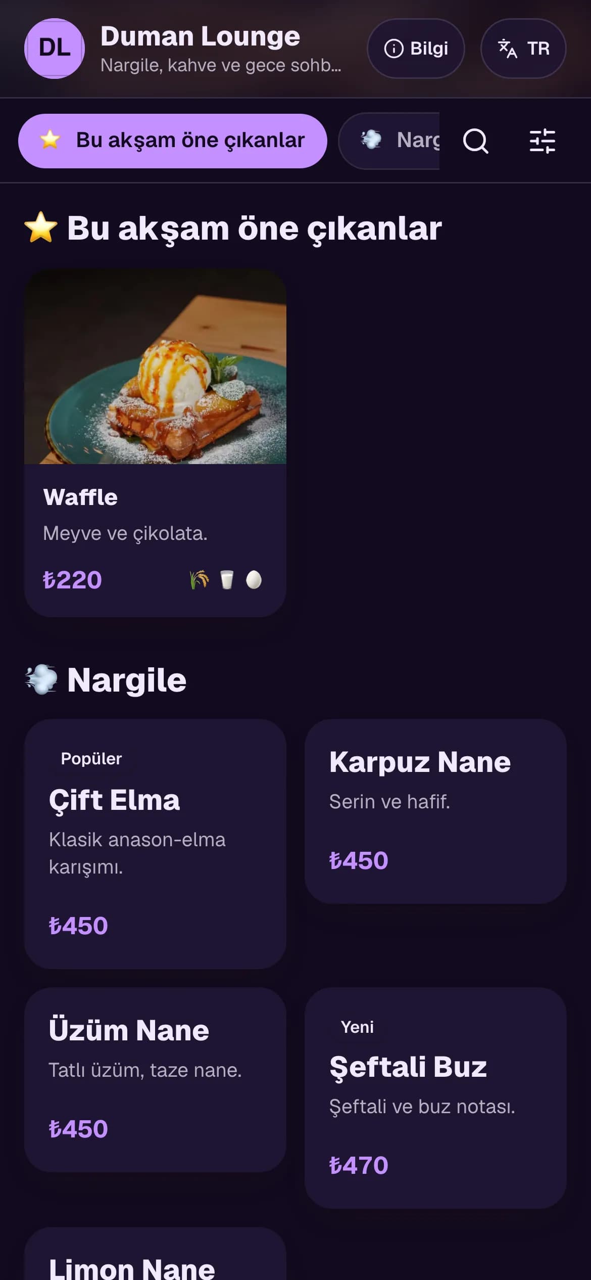 Lounge ve Nargile temasıyla örnek QR menü ekranı